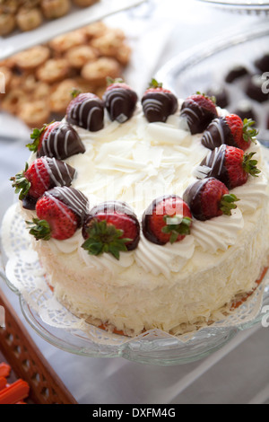 Close-up de gâteau au chocolat blanc, garni de fraises, Ontario, Canada Banque D'Images