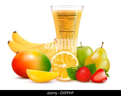 Des fruits frais et un verre de jus avec un tableau de la valeur nutritive. Vector illustration Banque D'Images