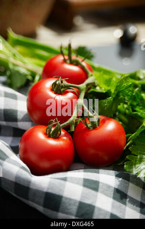 Les tomates fraîches sur tissu vérifié Banque D'Images