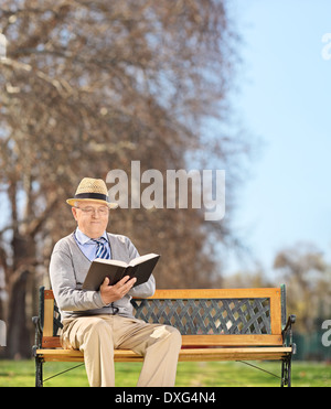 Monsieur âgé de lire un livre dans le parc Banque D'Images