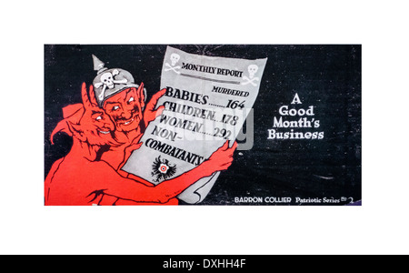 WW1 English Caricature montrant le diable et soldat allemand à au rapport mensuel avec nombre de civils innocents tués Banque D'Images