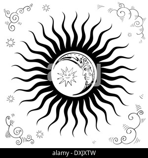 Vintage Sky, le soleil, la lune, les nuages, les étoiles. Banque D'Images