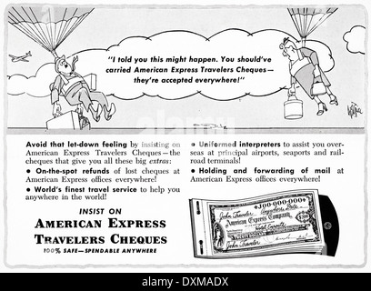 1950 Publicité pour American Express Chèques de voyage annonce dans le magazine américain vers 1954 Banque D'Images