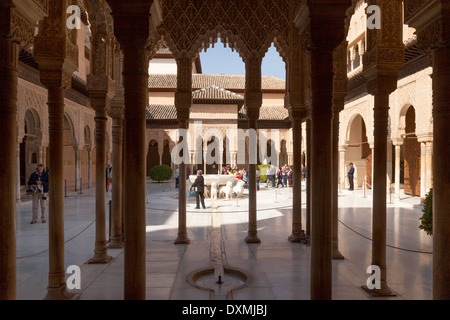 Colonnes, arcades et la Cour des Lions, les Palais Nasrides , Palais de l'Alhambra, Grenade, Andalousie Espagne Banque D'Images