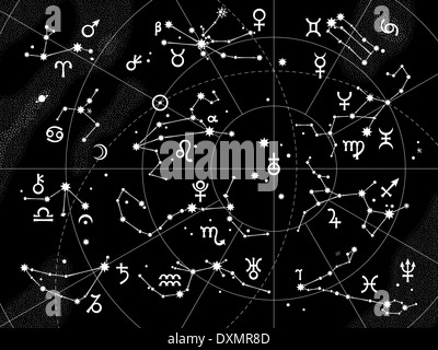 XII des constellations de zodiaque et ses planètes les souverains. Tableau céleste astrologique. Banque D'Images