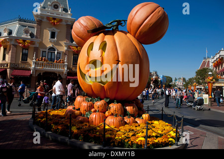 Citrouille en forme de Mickey Mouse s'affichent lors de l'Halloween, Disneyland, Anaheim, Californie, États-Unis d'Amérique Banque D'Images