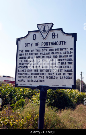 Ville de Portsmouth le site de cette ville a été breveté en 1659 par le capitaine William Carver. Établi en tant que ville en 1752 et nommé par son fondateur, le Lieutenant-colonel Wm Crawford. Comme une ville en 1858. Il a le plus ancien du pays Naval Shipyard. Créé en 1767. La plus ancienne de l'hôpital naval, a commencé en 1827, et est le berceau de la plus grande installation de la marine. Virginia State Library, 1959 Banque D'Images