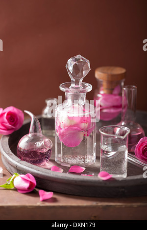 L'alchimie et l'aromathérapie avec des fleurs rose et flacons Banque D'Images