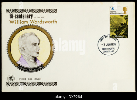 1970 Enveloppe premier jour célébrant William Wordsworth's bi-centenaire. Marque postale à Cockermouth à Cumberland. Banque D'Images