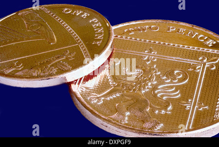 Un et deux pence pièce de monnaie en cuivre du Royaume-Uni Banque D'Images