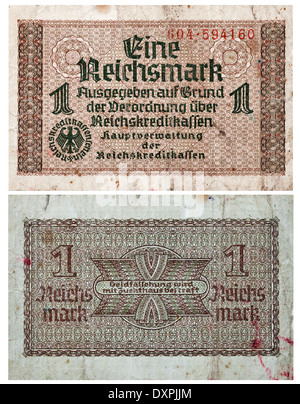 1 Reichsmark 1938-1945 macro billets contre blanc. Billets en euros pour la circulation dans les territoires occupés Banque D'Images