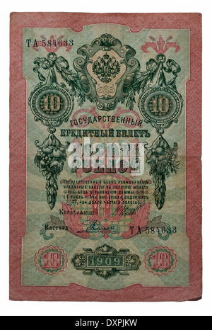 Billet de 10 roubles Empire russe isolé sur blanc. Version de l'année 1909. Côté avant. Banque D'Images