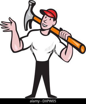 Illustration d'un Charpentier constructeur construction worker with hammer à côté de définir à l'intérieur du cercle fait en style cartoon. Banque D'Images