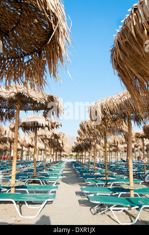 Parasols et chaises longues sur la plage de Elafonissi, Crète, Grèce Banque D'Images