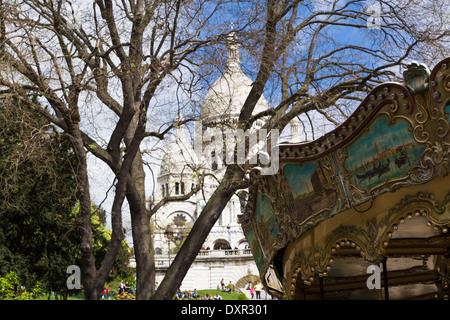 Détail de l'Carousel au pied du Sacré Coeur, Montmartre, Paris, France Banque D'Images