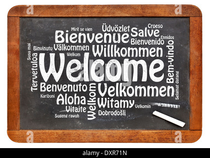 Bienvenue dans différentes langues - un nuage de mots dans un texte de craie blanche sur tableau noir ardoise vintage isolated on white Banque D'Images