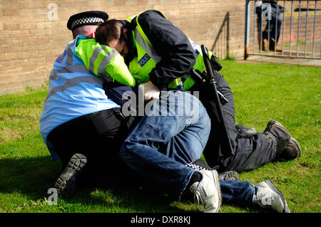 Peterborough (Cambridgeshire, Angleterre. 29 mars 2014.Les membres de l'EDL ont défilé à Peterborough cet après-midi, une foule d'environ trois cents ont pris part à partir de la Chambre publique de paon sur London Road.Ils ont marché dans le centre-ville ont été réalisés, l'un des discours où l'homme a été arrêté pour infraction à l'ordre public. Un compteur mars a également eu lieu tôt dans la journée par le Conseil de l'Union du commerce de Peterborough. Crédit : Ian Francis/Alamy Live News Banque D'Images