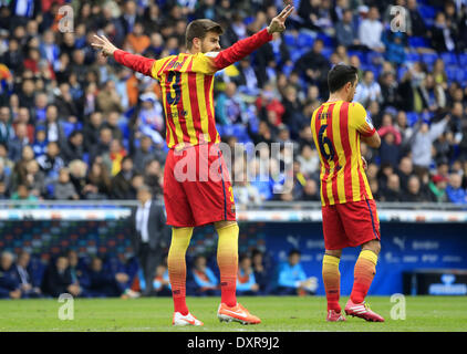 Barcelone, Espagne. Mar 29, 2014. Gerard Pique sur dans le match entre le RCD Espanyol et le FC Barcelone 31 Journée de la Liga, jouée au stade Cornella-El Prat le 29 mars 2014. Photo : Joan Valls/Urbanandsport Nurphoto /. Credit : Joan Valls/NurPhoto ZUMAPRESS.com/Alamy/Live News Banque D'Images