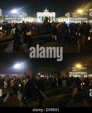 Berlin. Mar 29, 2014. Le combo photo prise le 29 mars 2014 indique les courts (up) et non lumineuse (vers le bas) Porte de Brandebourg au cours de la campagne 2014 de l'heure de la terre en Allemagne, Berin. Earth Hour est un événement mondial organisé par le WWF et a lieu le dernier samedi du mois de mars chaque année, d'encourager les ménages et les entreprises à éteindre leurs lumières et autres appareils électriques pendant une heure pour exprimer leur préoccupation à propos du changement climatique. Credit : Zhang Fan/Xinhua/Alamy Live News Banque D'Images