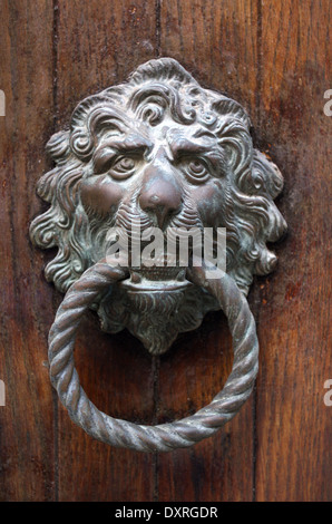 Tête de lion doré vénitien traditionnel bouton de porte à Venise sur la porte en bois Banque D'Images