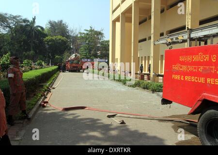 Dhaka, Bangladesh. Mar 29, 2014. Les pompiers tentent d'éteindre des Bangladais Musée National du Bangladesh à Dhaka. Il a éclaté dans la galerie numéro 44 sur le troisième étage du musée autour de 9h. Selon le site internet du musée, la galerie présente des signe de la Chine, la Corée, l'Iran et la Suisse dans le cadre de la civilisation mondiale. Banque D'Images