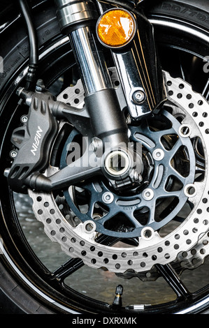 Détail de la roue avant de moto, Disque de frein et Coleman Powersports, Falls Church, Virginie Banque D'Images