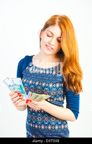 Femme riche et heureux sur fond blanc Banque D'Images