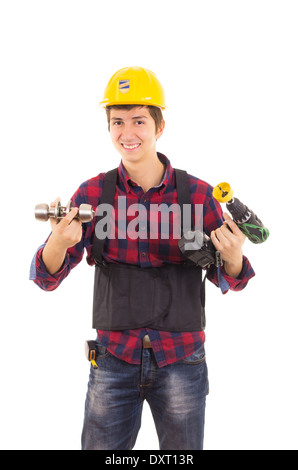 L'homme avec la perceuse et bouton de porte sur un fond blanc Banque D'Images