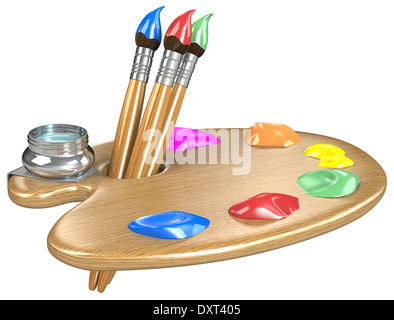 Palette en bois avec des pinceaux. Isolées. Banque D'Images