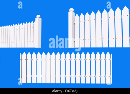 Clôture en bois peint blanc jardin isolé sur fond bleu. Banque D'Images