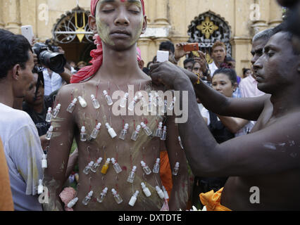 Yangon, Myanmar. 30Th Mar, 2014. Un hindou dévot obtient sa peau transpercée au cours d'un festival hindou traditionnel dans la banlieue de Yangon, Myanmar, le 30 mars 2014. Credit : U Aung/Xinhua/Alamy Live News Banque D'Images