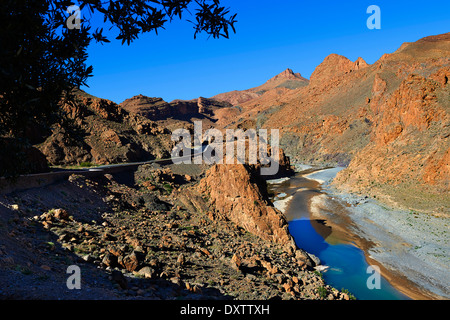 La rivière coupe Ziz son chemin à travers une gorge dans les montagnes de l'Atlas près du Tunnel Legionaires, Maroc Banque D'Images