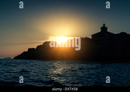 Phare au coucher du soleil, Greben, Dubrovnik Banque D'Images