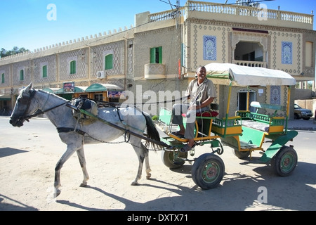 En prenant un chariot Coachman les touristes grâce à la plus grande oasis tunisien qui s'appelle palmeraie de Tozeur à Tozeur, Tunisie. Banque D'Images