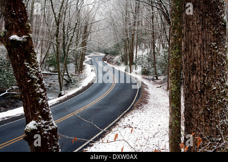 Route à travers la forêt nationale de Pisgah en hiver - près de Brevard, North Carolina USA Banque D'Images