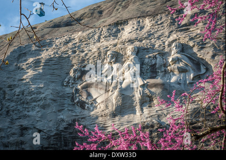 Matin tôt au printemps à Stone Mountain Park avec memorial carving, rose des fleurs, et Skyride à Atlanta, Géorgie. Banque D'Images