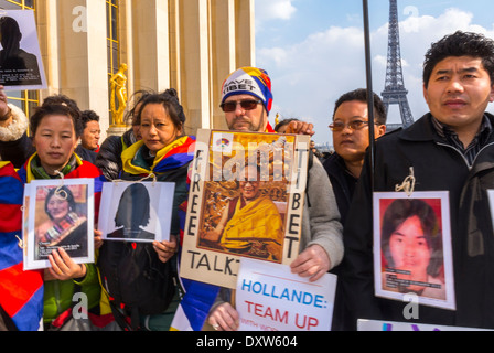 Les Tibétains, les communites taïwanaises de France et leurs amis ont appelé les citoyens français à se mobiliser lors de la visite du président chinois à Paris, protester pour la justice, protester contre la chine, activiste tibétain, religion politique internationale Banque D'Images