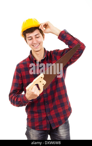 Homme avec une scie sur un fond blanc Banque D'Images