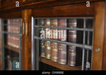 Vieux livres dans une étagère dans l'hôtel particulier Turnblad à l'American Swedish Institute de Minneapolis, Minnesota. Banque D'Images