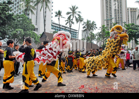 Danse du lion chinois sur le Nouvel An chinois à la plage de Waikiki à Honolulu, l'île d'Oahu, dans l'état de New York Banque D'Images