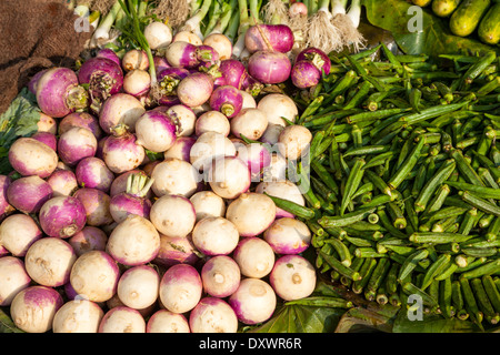 L'Inde, Dehradun. Le navet, gombo, et les oignons dans le marché. Banque D'Images