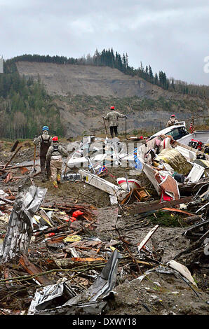 Les secouristes poursuivent leurs efforts pour localiser les victimes d'un énorme glissement de terrain qui a tué au moins 28 personnes et détruit un petit village dans le nord-ouest de l'état de Washington le 29 mars 2014 dans l'Oso, Washington. Banque D'Images