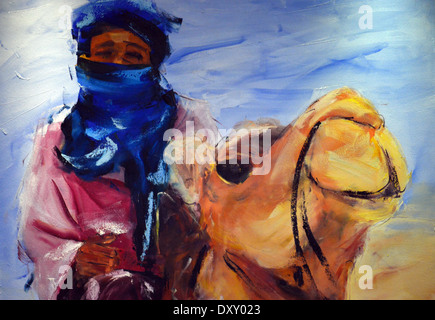 L'art africain, la peinture colorée de Bédouins arabes sur Camel sur l'affichage à la réception de l'hôtel Riu Touareg au Cap Vert Banque D'Images