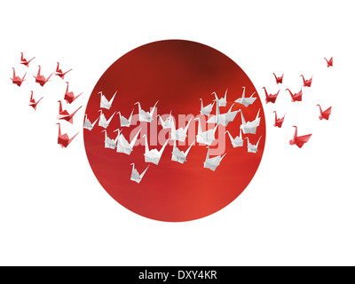 Blanc et rouge traditionnel japonais origami volant au-dessus du pavillon japonais stylisé Banque D'Images