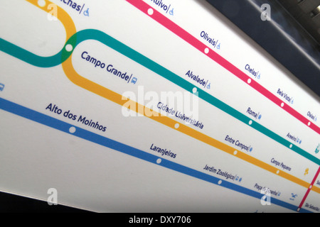 Le plan de métro de Lisbonne à l'intérieur d'un train, Lisbonne (Lisboa) au Portugal. Banque D'Images