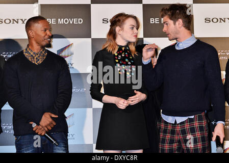 Jamie Foxx, Emma Stone et Andrew Garfield, Mar 31, 2014 : Tokyo, Japon : acteurs Jamie Foxx, Emma Stone et Andrew Garfield assiste à une presse comference pour 'The Amazing Spider-Man 2 : Montée de l'electro' à Tokyo, Japon, le 31 mars 2014. Banque D'Images