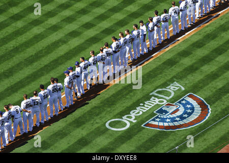 San Diego, Californie, USA. 1er avril 2014. Les San Diego Padres sont introduites au cours de la journée d'ouverture contre les Dodgers de Los Angeles au Petco Park. Credit : KC Alfred/ZUMAPRESS.com/Alamy Live News Banque D'Images