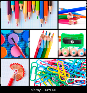 Un collage d'images différentes de certaines fournitures scolaires comme des crayons, taille-crayon ou des agrafes Banque D'Images