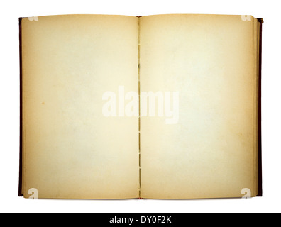 Vieux livre ouvert sur white Banque D'Images