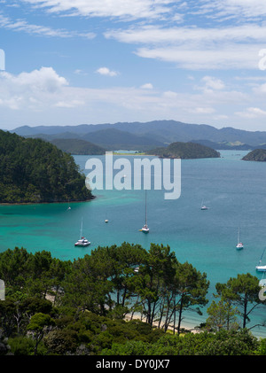 Vue vers l'Est du haut de l'île de Motuarohia sur la baie des îles. Voiliers amarrés. Banque D'Images